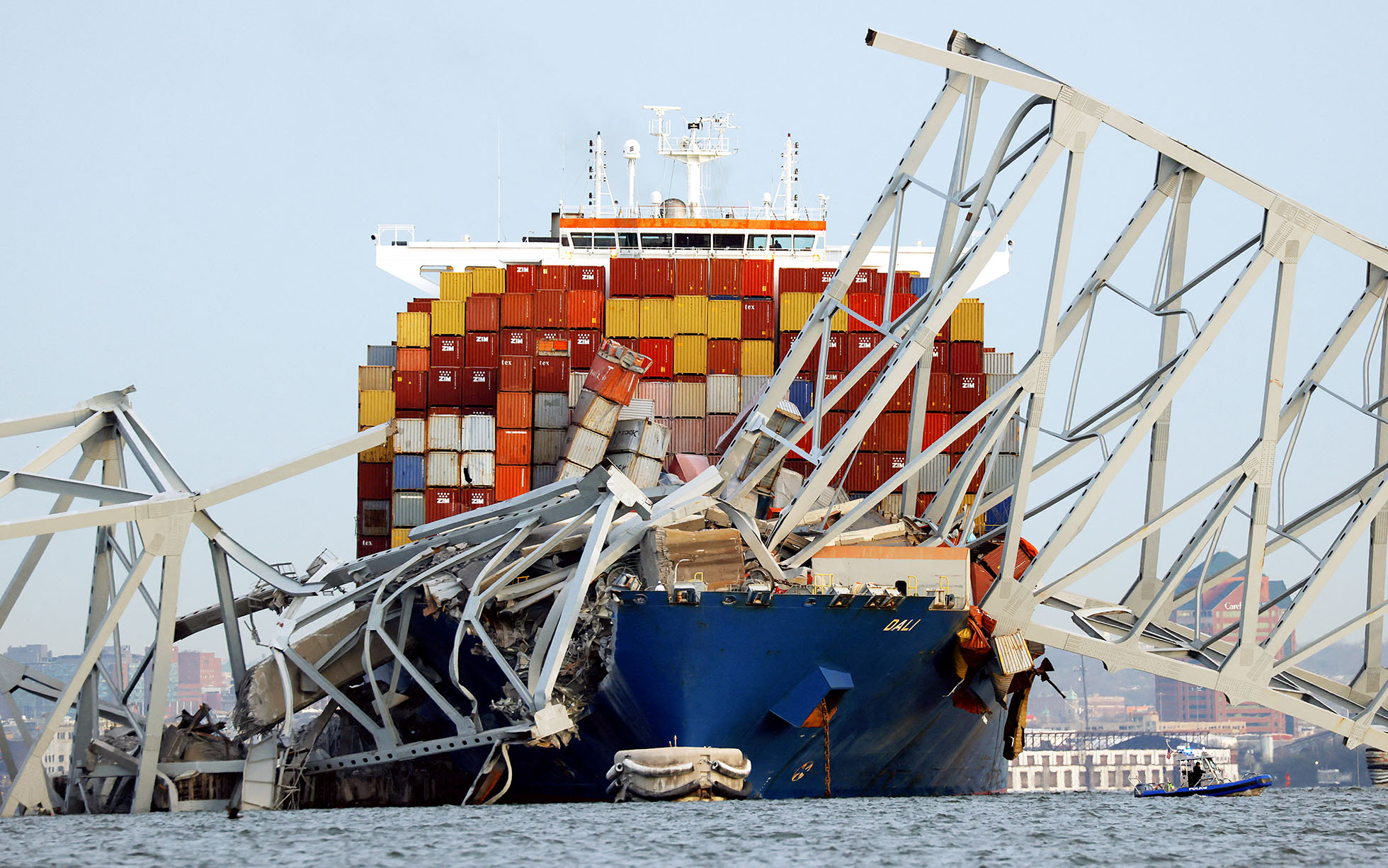 The ship is seen among the wreckage