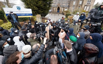 Protesters gathered outside Batley Grammar School in West Yorkshire in March 2021