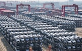 BYD electric cars waiting to be loaded onto a ship are seen stacked at the international container terminal of Taicang Port in Suzhou