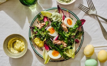 Egg and vegetable platter with saffron and sorrel mayonnaises 