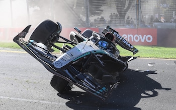 George Russell in his Mercedes in the middle of the Albert Park Circuit